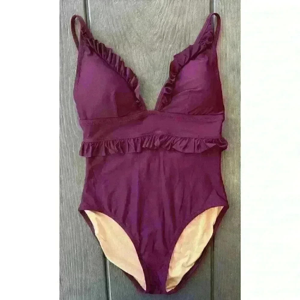 J. Crew Ruffle Deep-V One Piece Size 6 Burgandy Purple Swimsuit